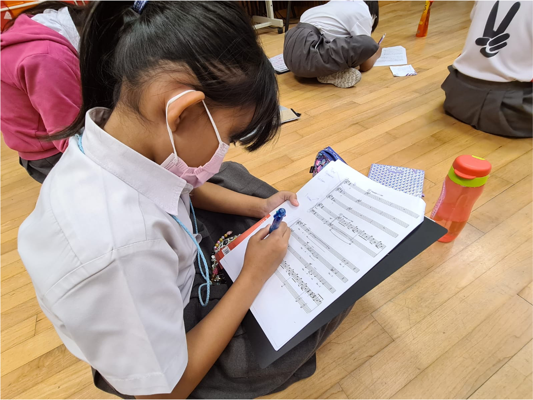 a student studying the scores